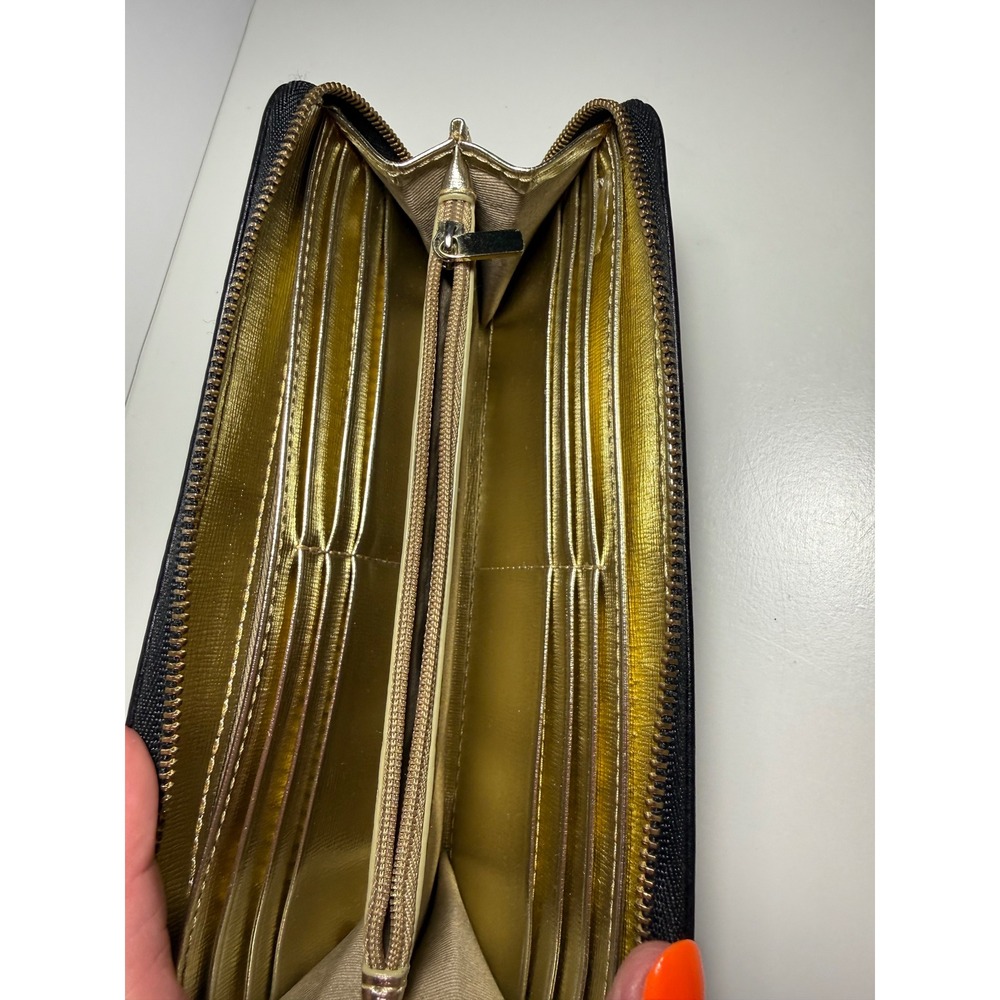 Fossil Zip Around Clutch Wallet Black Gold Metallic Women's Leather Wristlet EUC - Picture 5 of 7